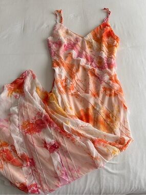 Flowy Watercolor Spaghetti Strap Maxi Dress - Pink & Orange